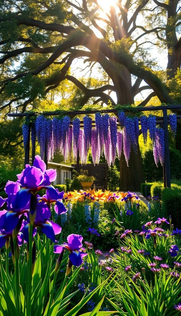 A lush, sun-dappled garden with regal purple flowers thriving in the warm, golden light. In the foreground, a cluster of vibrant irises stand tall, their petals shimmering with dew. In the middle ground, cascading wisteria vines drape over a rustic trellis, casting soft, dappled shadows on the flower beds below. Hazy, sun-kissed rays filter through the verdant canopy, illuminating the scene with a dreamy, ethereal glow. In the background, towering oak trees frame the tranquil space, their branches swaying gently in the breeze. The overall mood is one of serene elegance, inviting the viewer to bask in the warm, luxurious ambiance of this regal, purple-hued oasis.