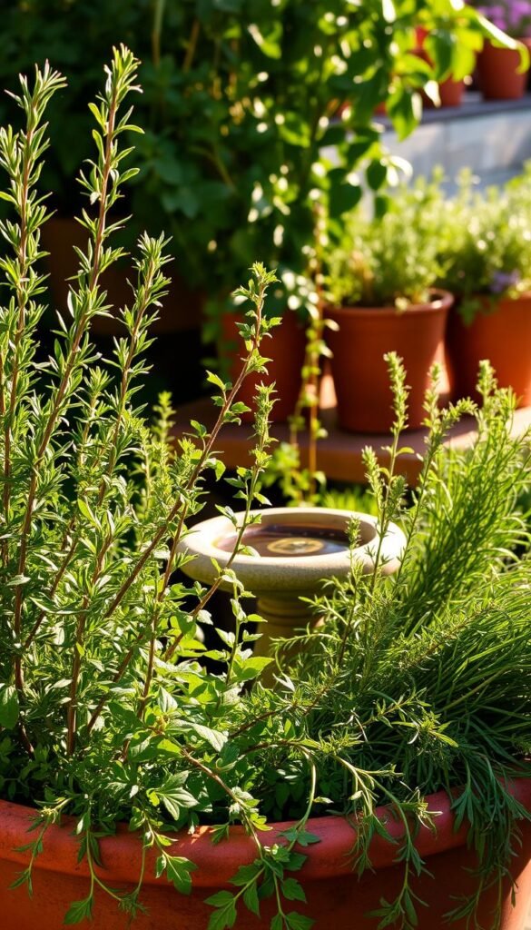A lush, sun-dappled herb garden, its aromatic foliage thriving in a rustic terracotta planter. In the foreground, vibrant sprigs of rosemary, basil, and thyme stand tall, their leaves glistening with morning dew. The middle ground features a small stone birdbath, surrounded by cascading vines of trailing oregano and chives. In the background, a row of terracotta pots showcases the diversity of the herb garden, with hints of lavender, sage, and lemon balm peeking through. Soft, warm lighting filters through the scene, casting a golden glow and emphasizing the natural textures and colors. The overall atmosphere is one of tranquility, inviting the viewer to pause and savor the fragrance and flavor of this intimate, herb-infused sanctuary.