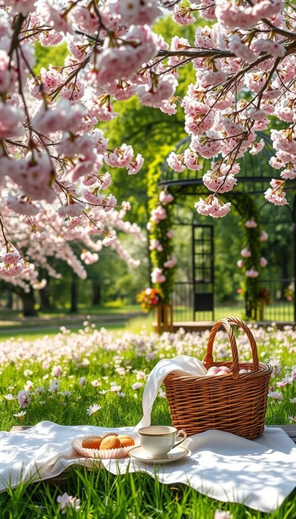A lush, sun-dappled meadow blanketed in delicate pink cherry blossoms. In the foreground, a picnic scene unfolds - a rustic wooden table adorned with a crisp white linen cloth, a wicker basket overflowing with freshly baked treats, and a pair of antique china teacups. Soft, diffused lighting filters through the petals, casting a warm, romantic glow. In the middle ground, a quaint wrought-iron gazebo draped in cascading vines and flowers provides a charming backdrop. The background showcases a verdant forest canopy, its branches heavy with blooming branches. An air of whimsy and tranquility permeates the scene, inviting the viewer to linger and savor the fleeting beauty of this picturesque garden oasis.