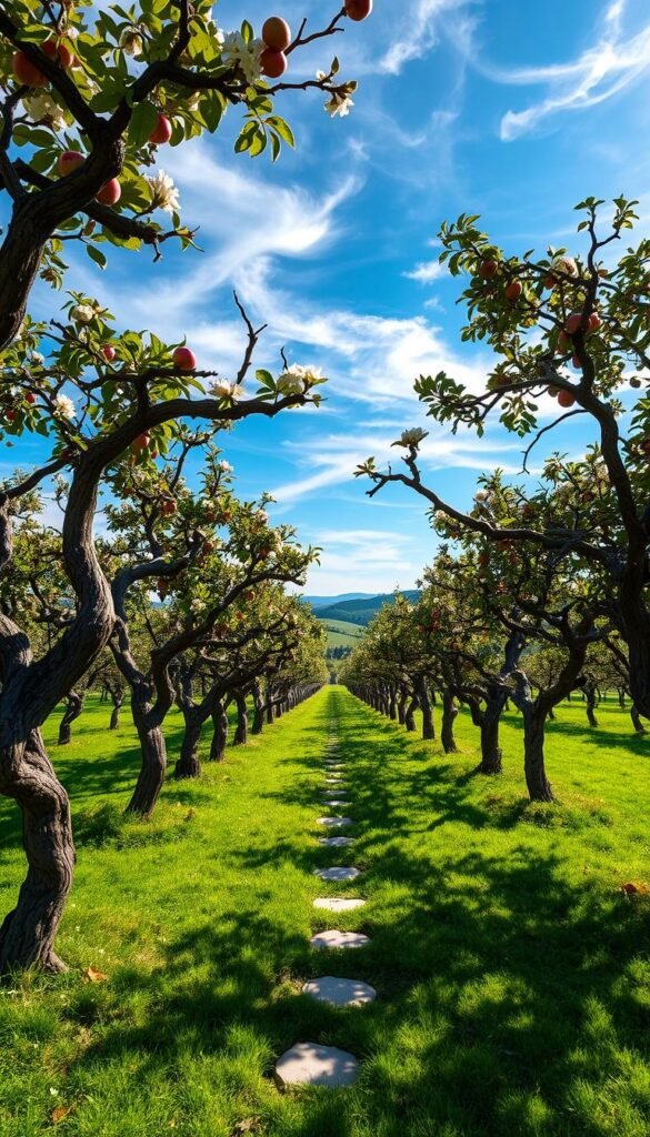A lush, sun-dappled orchard of gnarled, weathered fruit trees stands in the foreground, their twisted branches adorned with delicate blossoms and ripe, vibrant fruits. The trees' sculptural silhouettes cast long, soft shadows across the verdant, well-tended grass below. In the middle ground, a winding stone path meanders through the orchard, leading the eye deeper into the scene. Framing the idyllic tableau, a backdrop of rolling hills and a azure sky with wispy, illuminated clouds completes the serene, pastoral atmosphere. Captured with a wide-angle lens and soft, warm lighting, this image evokes the timeless charm and ornamental beauty of an idealized fruit garden.