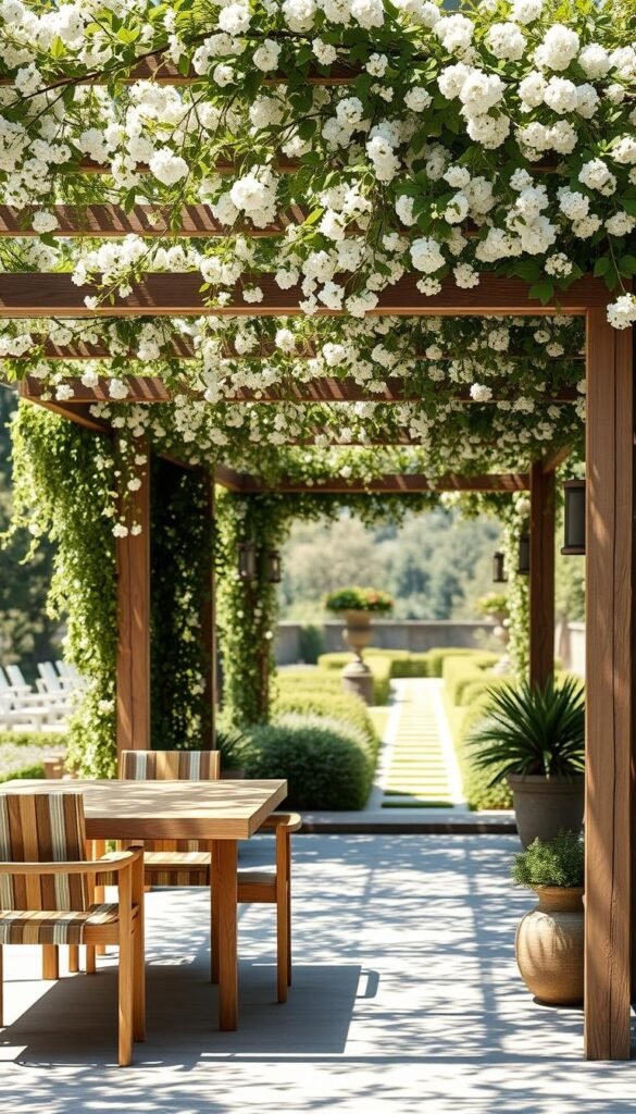 A lush, sun-dappled outdoor scene featuring a vintage-inspired wooden arbor adorned with cascading vines and delicate white flowers. In the foreground, a modern minimalist dining set with clean lines and natural wood tones blends seamlessly with the rustic arbor. The middle ground showcases elegant potted plants and subtle lighting fixtures, creating a warm, inviting atmosphere. Distant garden paths and verdant foliage form the background, evoking a sense of timeless, harmonious elegance. Soft, diffused lighting filters through the canopy, casting a gentle glow over the entire composition.