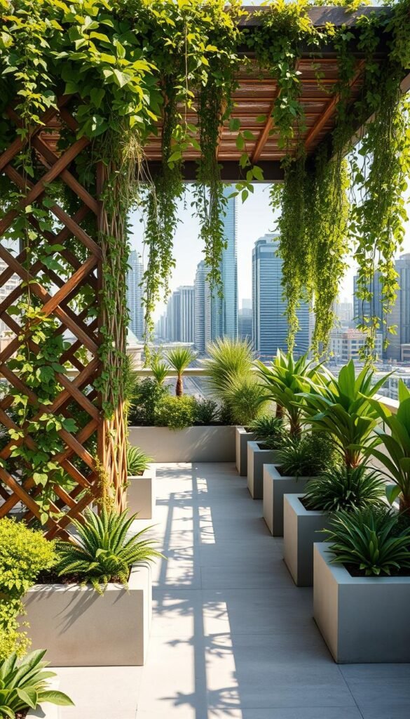 A lush, sun-dappled vertical garden cascading down a contemporary urban rooftop terrace. In the foreground, an intricate lattice trellis system supports a diverse array of climbing vines and verdant foliage, creating a natural privacy screen. The middle ground features stylized concrete planters and tiered garden beds, arranged in a visually striking geometric pattern. In the background, a cityscape of sleek high-rises contrasts with the vibrant greenery, hinting at the tranquil oasis above the bustling streets below. Warm, diffused lighting casts a serene glow, accentuating the textures and colors of the verdant elements. Shot with a wide-angle lens to capture the full scope of this harmonious fusion of nature and modern design.