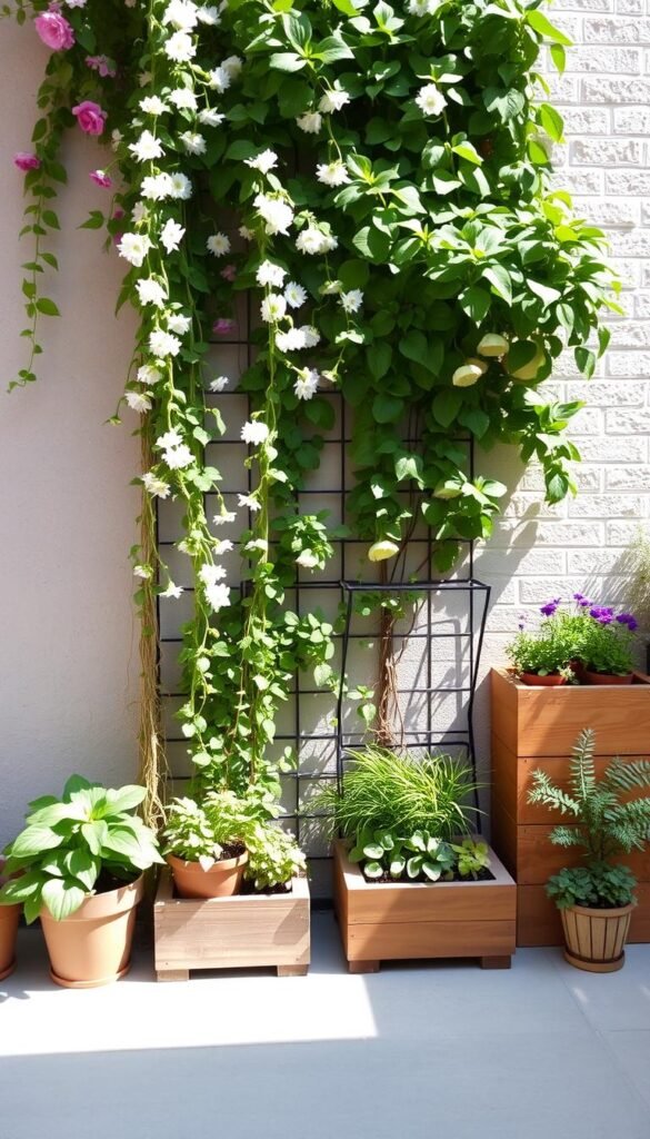 A lush, sun-drenched vertical garden space. In the foreground, a trellis covered in cascading vines and blooming flowers, creating a verdant wall. In the middle ground, wooden planters filled with a variety of potted plants, arranged in a visually appealing manner. The background features a clean, minimalist brick or concrete wall, providing a neutral backdrop that allows the greenery to take center stage. Soft, diffused natural lighting casts gentle shadows, highlighting the textures and colors of the plants. The overall composition evokes a sense of tranquility and a connection to nature, perfect for a compact, urban-friendly flower garden.