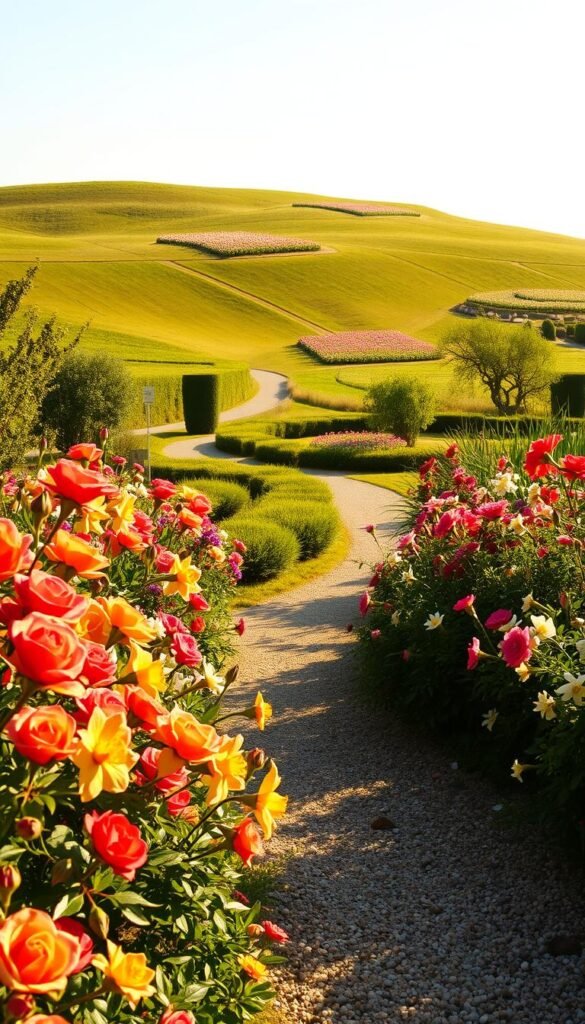 A lush, sunlit flower garden nestled in a serene, rolling landscape. In the foreground, a vibrant array of blooms in various hues - roses, lilies, and daffodils sway gently in a light breeze. The middle ground features a winding gravel path, inviting exploration, flanked by neatly manicured shrubs and trees. In the distance, a gently sloping hill is dotted with clusters of wildflowers, creating a picturesque backdrop. The scene is bathed in warm, golden light, casting soft shadows and highlighting the garden's natural beauty. A wide-angle lens captures the expansive, idyllic setting, perfectly conveying the peaceful atmosphere of this carefully planned flower garden location.