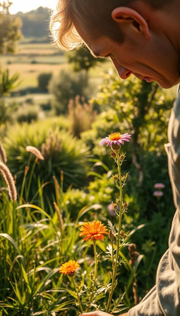 A lush, sunlit garden scene showcasing a careful assessment of native plants. In the foreground, a gardener closely examines a vibrant wildflower, evaluating its potential to thrive in the yard. The middle ground reveals an array of native grasses, shrubs, and trees, their verdant foliage creating a natural tapestry. In the background, a verdant landscape stretches out, hinting at the diverse ecosystem waiting to be nurtured. Warm, golden light filters through the scene, casting a serene, contemplative mood. The composition emphasizes the importance of understanding and embracing local flora to support pollinators and wildlife. A wide-angle lens captures the holistic perspective of this naturalistic gardening journey.