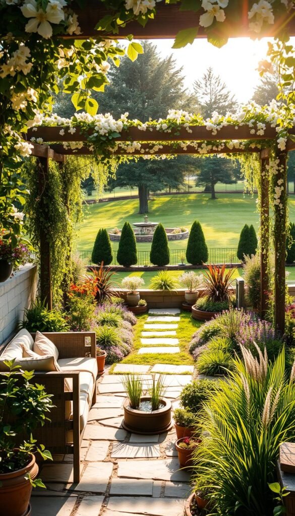 A lush, sunlit garden scene with a focal point of a serene sitting area. In the foreground, a cozy stone patio features a plush outdoor sofa and armchair arrangement, surrounded by potted plants and a small, bubbling water feature. The middle ground showcases a diverse mix of perennial flowers, ornamental grasses, and trailing vines cascading from raised garden beds. In the background, a wooden pergola draped with flowering vines frames the scene, leading the eye to a gently sloping lawn and a row of mature trees along the property line. Warm, diffused lighting filters through the canopy, creating a tranquil, inviting atmosphere.