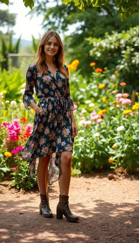 A lush, sunlit garden serves as the backdrop for a stylish yet practical outfit. In the foreground, a model poses confidently, wearing a flowing, floral-patterned dress paired with sturdy leather boots. The mid-ground features a vibrant assortment of blooming flowers and verdant foliage, creating a sense of abundance and natural beauty. Soft, diffused lighting bathes the scene, accentuating the organic textures and warm tones. The overall atmosphere evokes a harmonious blend of rustic charm and modern elegance, reflecting the "Garden Outfit Aesthetic" theme.