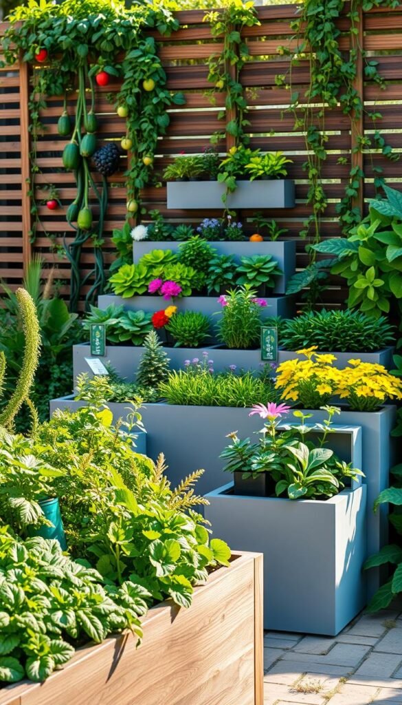 A lush, sustainable garden in 2024 with diverse, thriving plants arranged in a modern, vertical layout. The foreground features an elegant, minimalist raised garden bed overflowing with healthy, vibrant herbs and leafy greens. In the middle ground, a series of stacked, modular planter boxes create a striking visual cascade, housing a variety of colorful flowering plants and compact fruit-bearing bushes. The background is framed by a slatted wooden trellis, its geometric form softened by the trailing vines of climbing veg and flowers. Warm, natural lighting illuminates the scene, casting gentle shadows and highlighting the textures of the organic materials. The overall composition conveys a sense of harmony, productivity, and environmental responsibility.