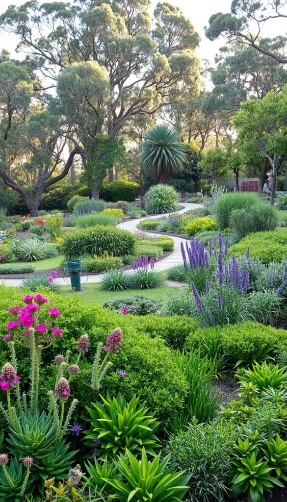 A lush, sustainable landscape with a diverse array of native Australian plants. In the foreground, a well-designed garden bed bursting with vibrant greens, flowering native shrubs, and ground cover plants. In the middle ground, a winding path meanders through the landscape, inviting exploration. The background features a mix of mature native trees providing dappled shade and a sense of privacy. Soft, natural lighting filters through the canopy, creating a serene and inviting atmosphere. The scene conveys a harmonious balance between human-made elements and the beauty of the natural world, showcasing sustainable landscaping practices that celebrate the unique splendor of Australian flora.