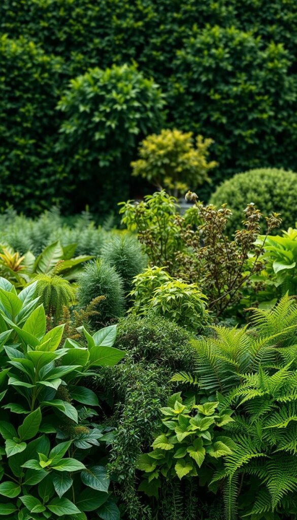 A lush, textured foliage garden design featuring an abundance of verdant foliage in the foreground, with a mix of broad-leaved plants, ferns, and trailing vines creating a sense of depth and visual interest. In the middle ground, a variety of shrubs and small trees add layers of texture, their leaves gently swaying in a soft, natural light. The background is composed of a harmonious palette of greens, with hues ranging from deep emerald to vibrant chartreuse, blending seamlessly to create an immersive, serene atmosphere. The overall composition evokes a sense of tranquility and natural beauty, inviting the viewer to explore the intricate details and textures of this meticulously designed garden space.