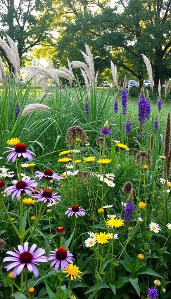 A lush, thriving rain garden brimming with diverse native species. In the foreground, vibrant blooms of purple coneflowers, yellow goldenrods, and delicate white daisies sway gently in a soft breeze. The middle ground features tall, swaying grasses like switchgrass and little bluestem, their verdant hues complementing the surrounding flora. In the background, a canopy of native trees, including red maples and white oaks, filters the warm, dappled sunlight. The entire scene is imbued with a sense of natural harmony, showcasing the beauty and ecological benefits of incorporating indigenous plants into a carefully curated rain garden design.