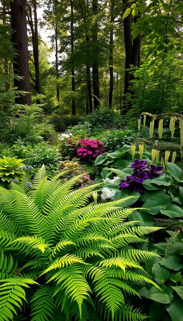 A lush, thriving shade garden filled with diverse foliage and blooms. In the foreground, a cluster of verdant ferns sway gently, their delicate fronds catching the soft, dappled light filtering through the canopy above. In the middle ground, a selection of iconic shade-loving plants - graceful hostas with their broad, textured leaves, vibrant impatiens with their colorful flowers, and stately Solomon's seal with its arching stems and dangling white blossoms. In the background, a tranquil woodland scene, with towering trees casting a soothing, natural ambiance over the scene. The lighting is natural and atmospheric, creating a serene and inviting mood, perfect for exploring the beauty of shade-loving plant life.