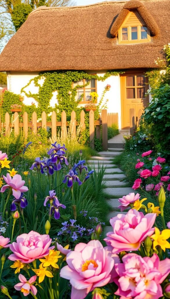 A lush, traditional cottage garden in golden afternoon light. In the foreground, a vibrant array of colorful flowers - pink peonies, purple irises, yellow daffodils, and fragrant English roses. In the middle ground, a quaint stone pathway winds through a verdant mix of trailing vines, fragrant herbs, and whimsical wild flowers. Framing the scene, a charming wooden fence is draped in cascading blooms. The background features a cozy thatched-roof cottage, its whitewashed walls and warm wooden accents evoking a sense of rustic, timeless beauty. The lighting is soft and warm, casting a gentle glow over the entire enchanting landscape.