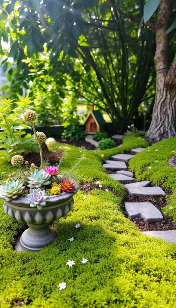 A lush, tranquil fairy garden with a verdant ground cover of soft moss and delicate flowering plants. In the foreground, a variety of miniature succulents and tiny shrubs spill out of an ornate stone planter, their vibrant hues contrasting against the earthy tones. The middle ground features a gently winding stone path, leading the eye towards a whimsical fairy house nestled amongst the foliage. Dappled sunlight filters through the leafy canopy above, casting a warm, magical glow over the scene. The overall atmosphere is one of serene enchantment, inviting the viewer to imagine the tiny inhabitants that might dwell in this enchanting microcosm.