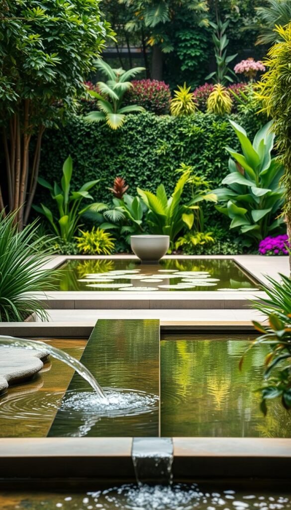 A lush, tranquil water feature garden with a soothing, contemporary design. In the foreground, a linear, minimalist water fountain cascades gently over smooth natural stone, its calming rhythm echoing through the space. The middle ground features a serene reflecting pool, its mirrored surface capturing the surrounding greenery and creating a sense of zen-like balance. In the background, a well-manicured backdrop of vibrant, varied foliage frames the scene, infusing the space with a refreshing, verdant energy. Soft, diffused natural lighting illuminates the scene, casting a warm, inviting glow and accentuating the tactile, organic textures. An oasis of calm and rejuvenation, perfect for evoking a sense of serenity and refreshment.