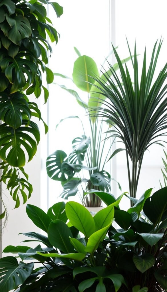 A lush tropical plant arrangement adorns a contemporary, minimalist indoor space. In the foreground, a mix of leafy, verdant plants such as monstera, philodendron, and calathea cascade in a stylized, asymmetrical composition. The middle ground features a towering, sculptural plant with broad, paddle-shaped leaves, backlit by soft, diffused natural light filtering through large windows. The background is a clean, white wall, creating a serene, gallery-like atmosphere that highlights the vibrant, textural foliage. The overall scene conveys a sense of modern sophistication and a connection to the natural world.