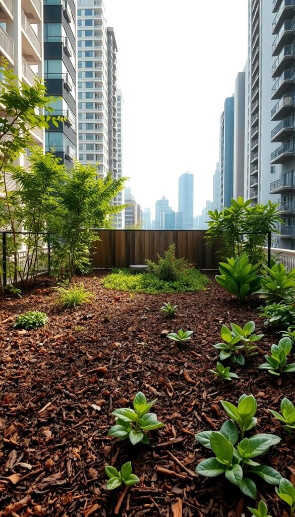 A lush urban garden nestled in a bustling city, showcasing the interplay of microclimates. In the foreground, a rich soil area with vibrant vegetation and a mosaic of textures - from the earthy tones of mulch to the verdant leaves of plants. The middle ground reveals a sheltered nook, protected by a strategically placed windbreak, creating a unique microclimate for delicate flora. In the background, the cityscape looms, highlighting the stark contrast between the artificial and the natural. Soft, diffused lighting illuminates the scene, casting gentle shadows and accentuating the intricate details. The overall composition conveys a sense of harmony, where human-made and natural elements coexist in a delicate balance, illustrating the power of understanding and harnessing microclimates in an urban garden setting.