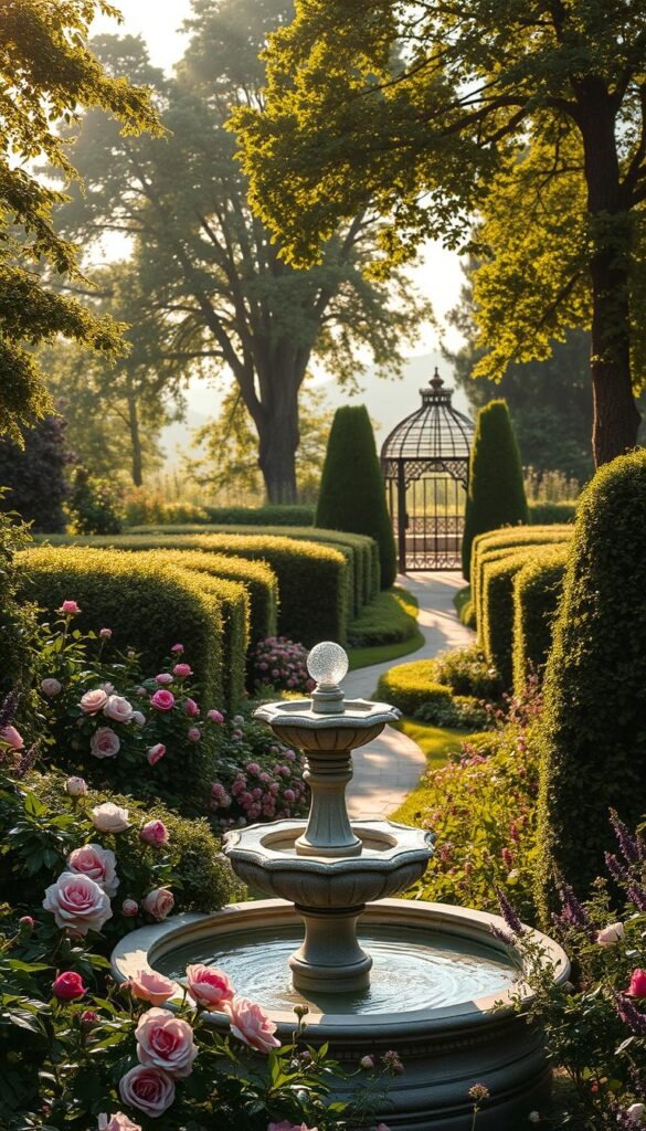 A lush, verdant Victorian garden in full bloom, bathed in soft, golden afternoon light. In the foreground, an ornate stone fountain cascades with crystal-clear water, surrounded by a riot of fragrant roses, peonies, and trailing vines. Beyond, a winding path leads through a dense thicket of towering hedges and mature trees, their leaves casting dappled shadows. In the distance, a wrought-iron gazebo stands sentinel, its intricate metalwork silhouetted against the hazy horizon. The scene exudes a sense of timeless elegance and romantic tranquility, inviting the viewer to step into this enchanting, bygone era.