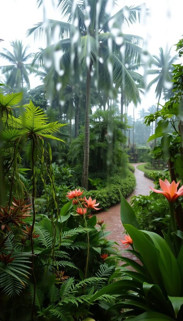 A lush, verdant botanical garden scene unfolds, as if glimpsed through a rain-kissed window. In the foreground, a diverse array of exotic plants - vibrant ferns, trailing vines, and otherworldly blooms - beckon the viewer to embark on an immersive journey. The middle ground reveals a meandering path, leading the eye deeper into this verdant oasis, where dappled sunlight filters through the canopy overhead. In the background, the silhouettes of towering palms and towering trees create a sense of depth and mystery, inviting the viewer to explore further. The scene is imbued with a serene, almost dreamlike atmosphere, capturing the essence of a tranquil botanical haven to be discovered and cherished at home.
