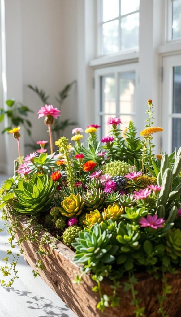 A lush, verdant dish garden teeming with vibrant flora under the warm glow of natural lighting. In the foreground, a variety of thriving succulents, cacti, and leafy houseplants cascading from a rustic, wooden planter. The middle ground showcases a diverse collection of flowering plants, their petals unfurling in shades of pink, purple, and yellow. In the background, a minimalist, light-filled room with large windows, allowing the garden to bask in the soft, diffused sunlight. The overall scene exudes a sense of tranquility and harmony, highlighting the year-round care and attention required to maintain a healthy, flourishing dish garden.