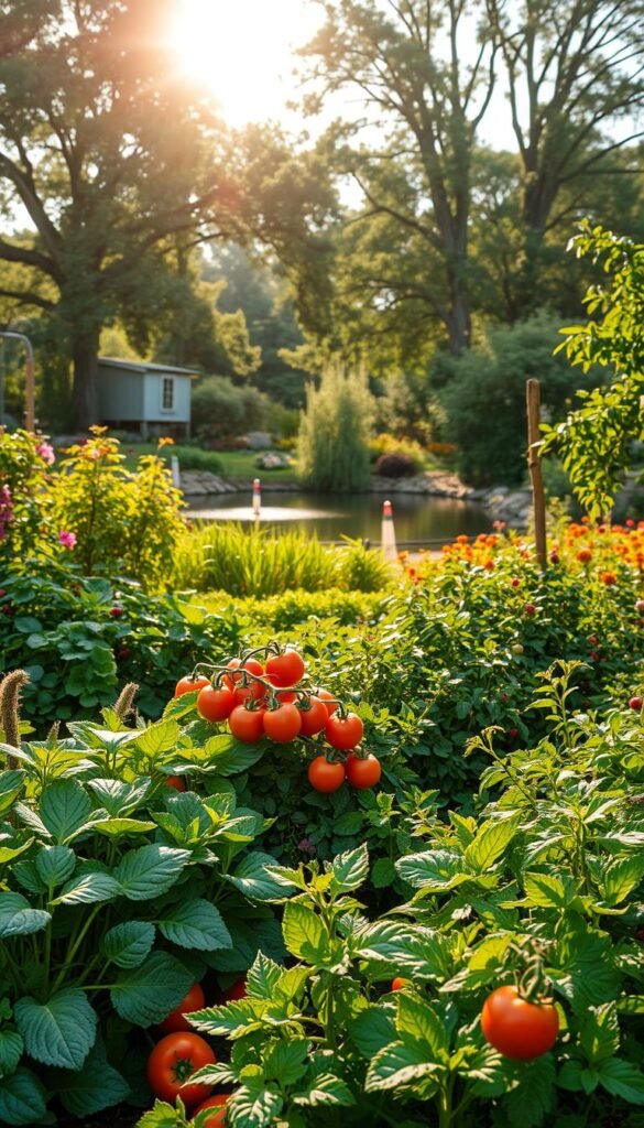 A lush, verdant edible landscape filled with vibrant hues and diverse textures. In the foreground, a bountiful vegetable garden overflows with thriving leafy greens, plump tomatoes, and vibrant herbs. The middle ground showcases fruit-bearing trees and berry bushes, their branches heavy with ripe, juicy produce. In the background, a tranquil pond reflects the dappled sunlight filtering through a canopy of towering, edible nut and fruit trees. The scene is bathed in warm, golden light, conveying a sense of abundance, harmony, and the fruitful potential of an edible oasis. Captured with a wide-angle lens to showcase the comprehensive integration of food-producing plants into a beautifully designed organic landscape.