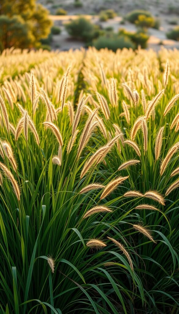 A lush, verdant expanse of ornamental grasses cascades across the foreground, their graceful stems and feathery plumes swaying gently in the warm, golden light. In the middle ground, the grasses are arranged in dense, repeating patterns, creating a harmonious, en masse effect that draws the eye inward. The background features a soft, blurred landscape, allowing the focus to remain on the captivating display of the ornamental grasses. The scene is captured with a wide-angle lens, providing a panoramic view that emphasizes the scale and impact of this mass planting technique. The overall mood is one of serenity and natural beauty, inviting the viewer to immerse themselves in the tranquil, drought-tolerant landscape.