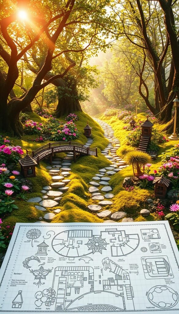 A lush, verdant fairy garden comes to life, with intricate pathways winding through a vibrant array of blooming flowers, mossy stones, and delicate foliage. Tiny whimsical structures, such as miniature houses and bridges, dot the enchanting landscape, creating a sense of scale and wonder. Warm, golden sunlight filters through the canopy of trees, casting a soft, dreamlike glow over the scene. In the foreground, a detailed plan lays out the layout and design elements, guiding the viewer through the process of crafting this charming miniature world. The overall atmosphere is one of tranquility, enchantment, and endless creative possibilities.