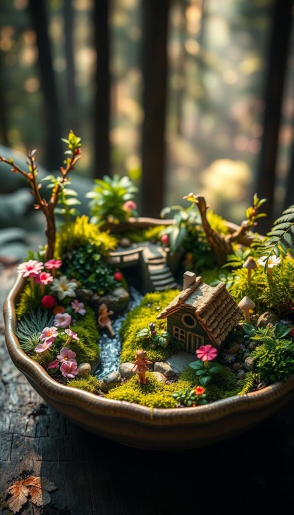 A lush, verdant fairy garden ecosystem in a ceramic dish, bathed in soft, warm lighting. In the foreground, a miniature fairy house nestled among vibrant flowers, mosses, and delicate mushrooms. Miniature fairy figurines flutter and dance among the verdant foliage. The middle ground features a babbling brook with a small wooden bridge, surrounded by ferns, vines, and other whimsical flora. The background reveals a tranquil forest setting, with tall trees and a hazy, dreamlike atmosphere. The overall scene exudes a sense of magic, enchantment, and natural harmony, perfectly capturing the essence of a DIY fairy-themed dish garden.