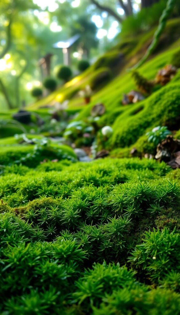 A lush, verdant fairy garden ground cover stretches across the frame, blanketing the earth in a vibrant tapestry of mosses, ferns, and low-growing plants. Soft, diffused natural light filters through the canopy above, casting a warm, ethereal glow over the scene. In the foreground, delicate emerald-hued mosses carpet the ground, their fuzzy textures inviting touch. Mid-frame, a mix of low-growing plants, including trailing vines, tiny flowering blooms, and plush groundcovers, create a whimsical, enchanted atmosphere. The background features a gentle slope lined with the silhouettes of miniature shrubs and ferns, adding depth and a sense of tranquility to the magical fairy garden landscape.