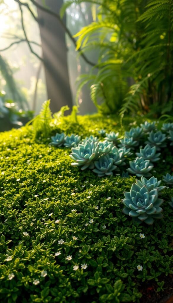 A lush, verdant fairy garden groundcover, bathed in soft, diffused natural light. In the foreground, a dense carpet of delicate, mossy plants with delicate, scalloped leaves in shades of vibrant green, punctuated by tiny white flowers. In the middle ground, a gentle scattering of low-growing, trailing succulents with rosette forms and variegated foliage in hues of gray, blue, and purple. The background features a hazy, dreamlike forest scene, with towering ferns and gently swaying branches casting intricate shadows across the enchanting scene. The overall composition evokes a sense of tranquility, wonder, and the whimsical magic of a fairy's domain.