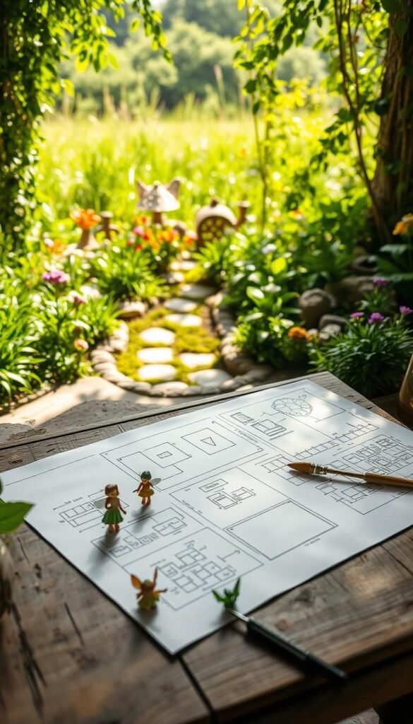 A lush, verdant fairy garden in the planning stages, with hand-drawn sketches and diagrams scattered across a weathered wooden table. In the foreground, delicate fairy figurines and tiny garden tools hint at the enchantment to come. The middle ground features detailed layouts and planting schemes, while the background showcases a sun-dappled outdoor space, brimming with vibrant greenery and the promise of whimsical landscaping. The lighting is soft and natural, casting a warm, inviting glow. The overall atmosphere is one of anticipation, creativity, and the boundless possibilities of crafting a magical fairy-themed oasis in a wide, open outdoor area.