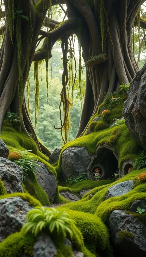 A lush, verdant fairy garden nestled among mossy rocks and weathered boulders. In the foreground, delicate ferns and plush carpets of vivid green moss cling to the craggy surfaces, creating a whimsical, enchanted atmosphere. Towering trees with gnarled roots frame the scene, their branches dripping with cascading vines and trailing foliage. Soft, diffused lighting filters through the canopy, casting a warm, magical glow across the tranquil landscape. Tiny, hidden alcoves are dotted with miniature flora and fauna, hinting at the presence of mischievous fairy folk. The overall composition evokes a sense of serene, natural wonder, inviting the viewer to step into this enchanting, otherworldly refuge.