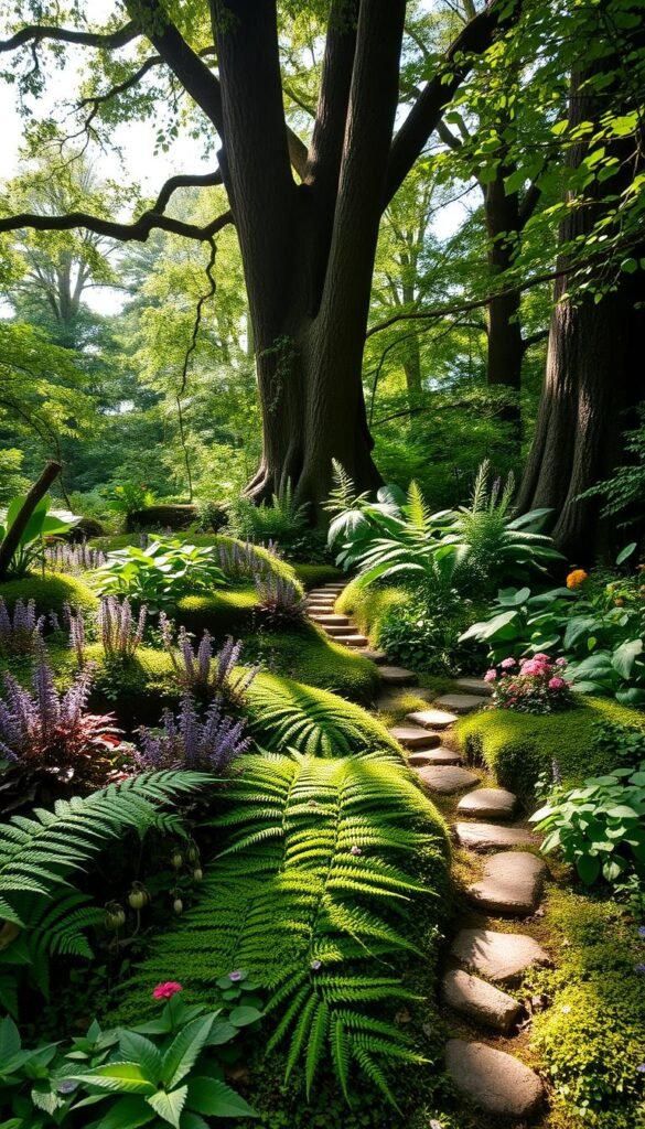 A lush, verdant fairy garden nestled in the soft, dappled shade of towering trees. The foreground is a vibrant tapestry of ferns, mosses, and delicate shade-loving flowers like astilbe, bleeding heart, and wild violets. Meandering pathways wind through the middle ground, flanked by towering leafy plants like hosta and ligularia. In the background, the trunks of ancient oaks and maples reach up towards the filtered sunlight, casting gentle shadows that dance across the scene. The overall mood is one of peaceful tranquility, inviting the viewer to step into this enchanted realm of nature's hidden wonders.