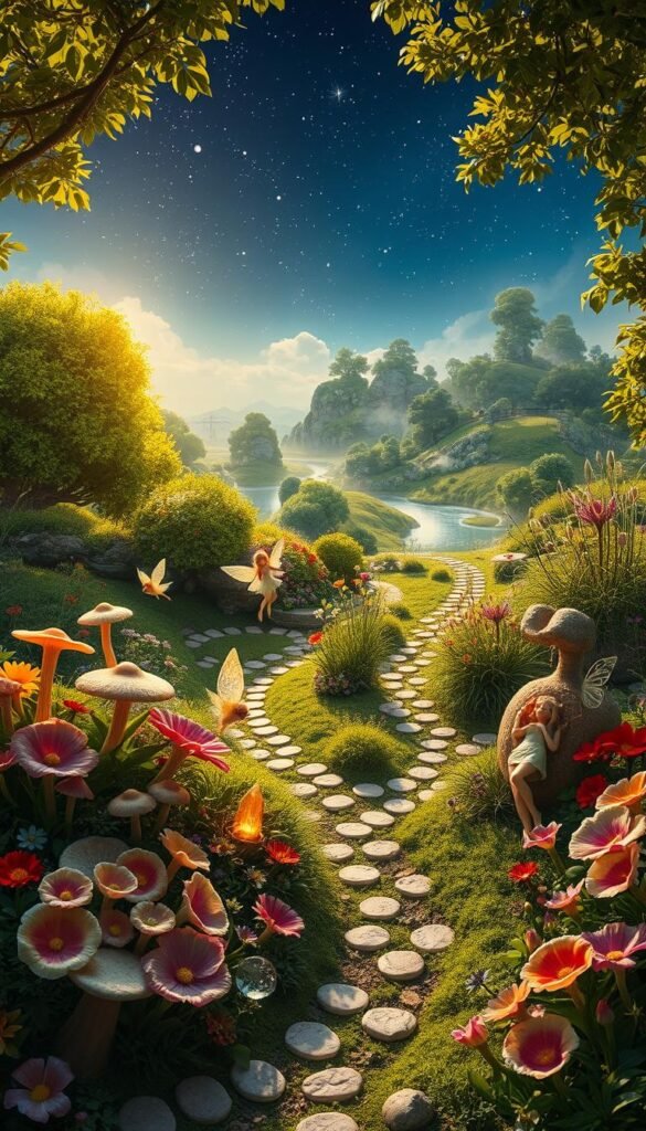 A lush, verdant fairy garden plan unfolds before us, meticulously designed to capture the essence of enchantment. In the foreground, delicate fairies flutter amidst a tapestry of vibrant flowers, their ethereal forms illuminated by a warm, golden light filtering through the canopy above. Intricate pathways wind through the middle ground, lined with whimsical mushrooms, glistening crystals, and hidden alcoves for fairies to reside. In the background, a dreamlike landscape emerges, with towering trees, shimmering ponds, and a starry night sky that sets the stage for a magical outdoor oasis. The scene radiates a sense of tranquility and wonder, inviting the viewer to step into this enchanted realm and explore its boundless possibilities.