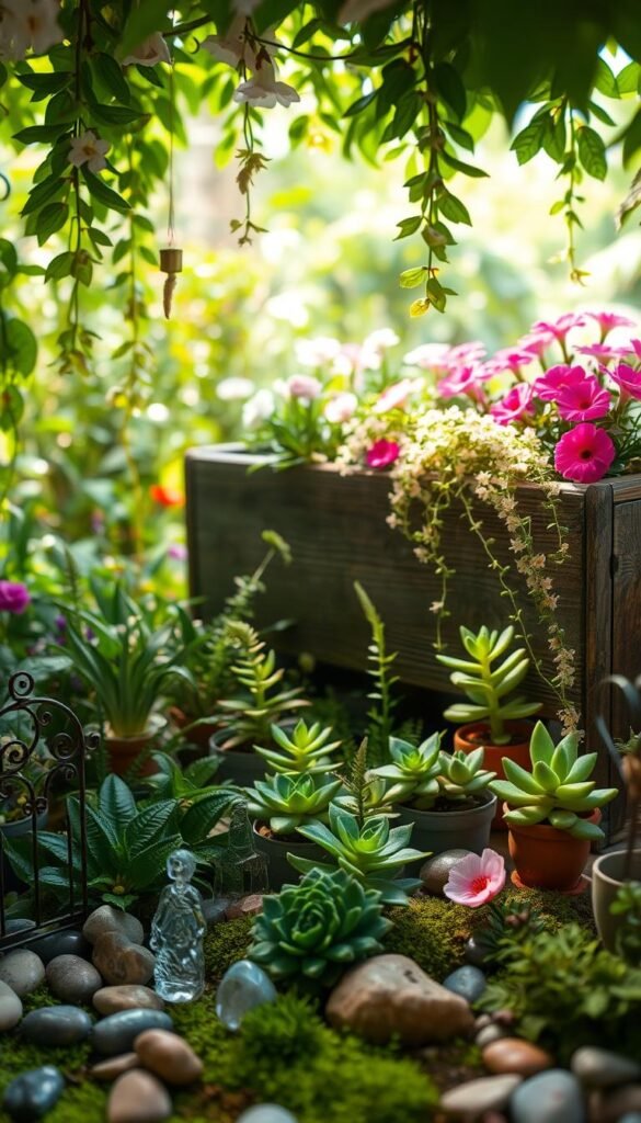 A lush, verdant fairy garden scene, illuminated by soft, diffused natural light filtering through a canopy of delicate flowers and foliage. In the foreground, an assortment of miniature garden accents - delicate glass figurines, whimsical metal trellises, and a scattering of smooth river stones. The middle ground features a variety of potted succulents, ferns, and trailing vines, creating a captivating layered texture. In the background, a weathered wooden planter box overflows with vibrant blooms, their petals gently swaying in a light breeze. The overall scene evokes a sense of enchantment and wonder, inviting the viewer to imagine the tiny, magical inhabitants that might dwell within.