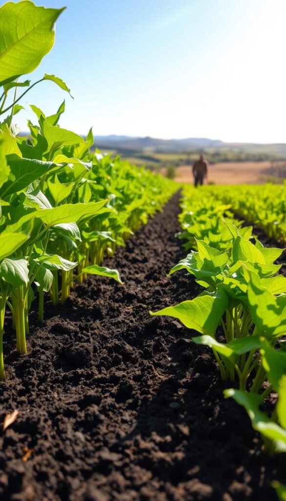 A lush, verdant field stretches out, its soil rich and dark. In the foreground, healthy crops sway gently in the breeze, their leaves rustling. The midground showcases a farmer carefully tending to the plants, their hands skillfully turning the soil. In the background, a picturesque landscape unfolds, with rolling hills and a clear blue sky. Sunlight filters through, casting a warm glow over the scene. The image conveys the benefits of crop rotation, highlighting the harmony between nature, agriculture, and sustainable practices.
