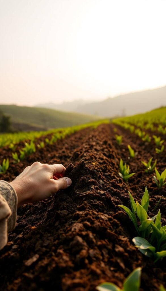 A lush, verdant field stretches out, with rich, loamy soil as the focal point. The soil texture is intricate, showcasing the interplay of organic matter, minerals, and microbial life. In the foreground, a farmer's hand gently touches the soil, examining its color and structure. The background features rolling hills, with a soft, hazy sky illuminating the scene with warm, golden light, conveying a sense of tranquility and the cyclical nature of the seasons. The image captures the delicate balance of a healthy, thriving soil ecosystem and the impact of seasonal changes on its composition and vitality.