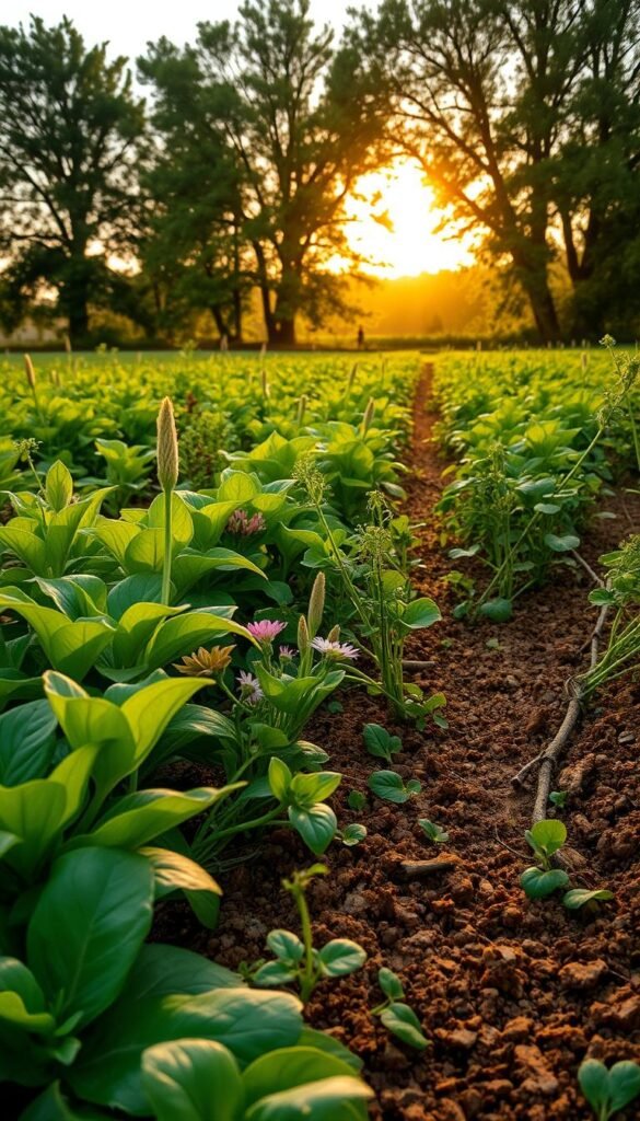 A lush, verdant field under a warm, golden-hour sun, with cover crops in the foreground showcasing their diverse foliage - deep green leaves, vibrant flowers, and sprawling vines. In the middle ground, the rich, loamy soil is visible, teeming with microbial life. Towering trees line the horizon, casting soft, dappled shadows across the scene. The overall atmosphere exudes a sense of harmony, balance, and the profound benefits that cover crops provide for maintaining soil health through seasonal changes.