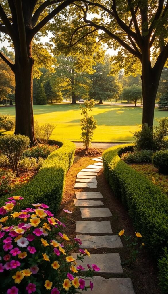 A lush, verdant front yard filled with a harmonious arrangement of essential landscape elements. In the foreground, a vibrant flower bed bursts with colorful blooms, their petals gently swaying in the warm, golden light. Towards the middle, a neatly trimmed hedge frames a winding stone pathway, leading the eye towards a focal point - a beautiful, ornamental tree standing tall and proud. In the background, a well-manicured lawn stretches out, framed by towering trees that cast a soft, dappled shade. The scene exudes a sense of tranquility and natural beauty, creating a welcoming and visually captivating curb appeal.