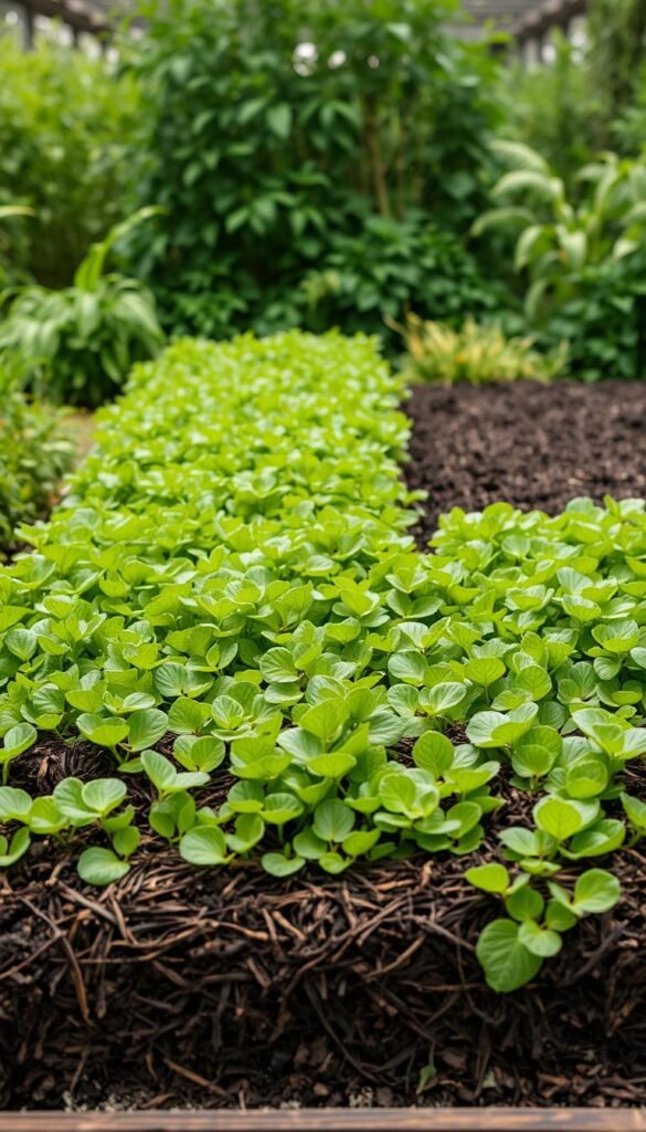 A lush, verdant garden backdrop showcases three distinct no-till techniques. In the foreground, a raised garden bed displays a layered, mulch-rich soil profile. Beside it, a plot of land covered in a dense cover crop, its vibrant green leaves rustling gently in a soft, diffused light. In the middle ground, a section of sheet-mulched soil, its dark, nutrient-rich surface contrasting with the surrounding greenery. The scene is captured with a wide-angle lens, emphasizing the three methods side by side, inviting the viewer to closely examine the nuances of each approach. The overall mood is one of tranquility and abundance, a testament to the power of no-till gardening.