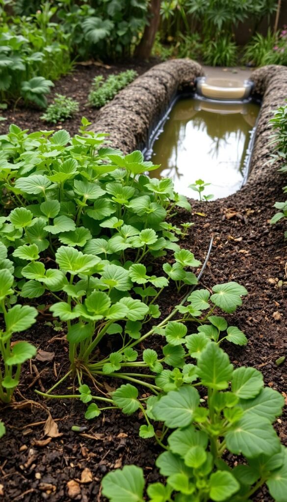 A lush, verdant garden bed, rich in organic matter, with healthy soil structure visible. In the foreground, a diverse array of thriving plants, their roots intertwined, illustrating the importance of soil biome. The middle ground showcases a water-efficient drip irrigation system, strategically placed to nourish the plants while minimizing water waste. In the background, a serene pond or swale, its clear water reflecting the natural surroundings, demonstrating effective water management. Soft, diffused lighting illuminates the scene, creating a harmonious, eco-friendly atmosphere. The image conveys the interconnectedness of soil health and water conservation, essential principles of permaculture gardening.