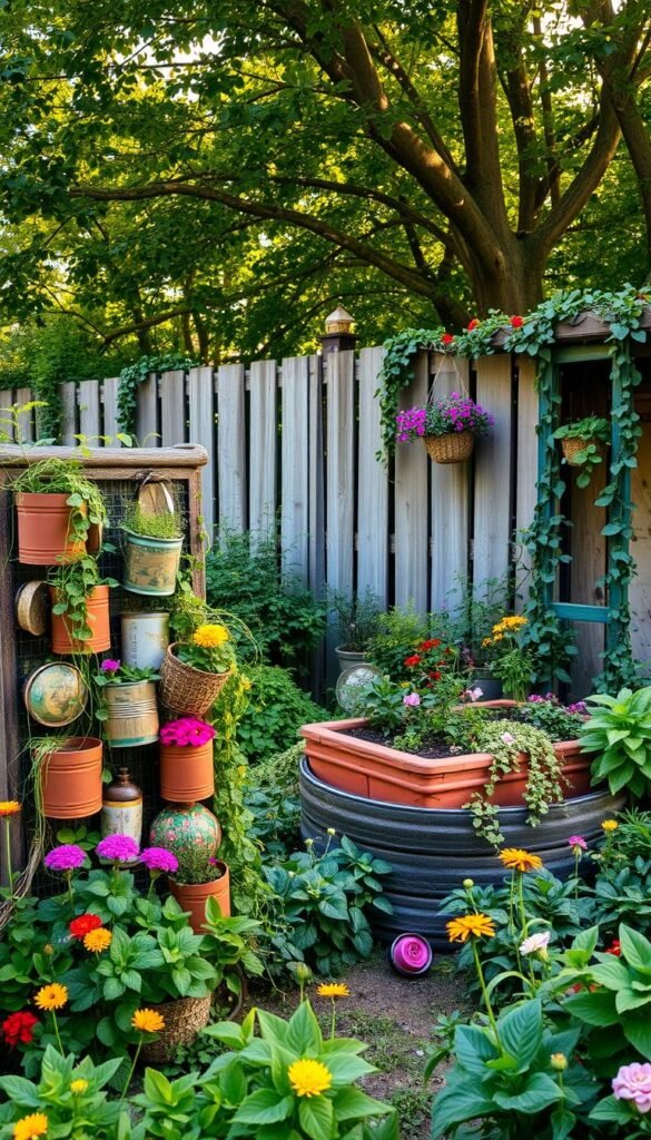 A lush, verdant garden bursting with vibrant blooms and repurposed household items. In the foreground, a whimsical vertical garden composed of upcycled tin cans, terracotta pots, and woven baskets cascading with trailing vines. The middle ground features a raised garden bed fashioned from reclaimed wood, overflowing with a colorful array of native flowers and herbs. In the background, a quaint wooden fence entwined with climbing ivy and hanging planters made from recycled tires. Soft, natural lighting filters through the canopy of leafy trees, casting a warm, earthy glow over the scene. An oasis of sustainable, eco-friendly charm.