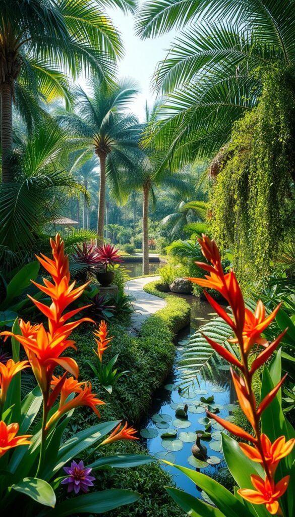 A lush, verdant garden design with a captivating paradise aesthetic. In the foreground, a vibrant array of exotic blooms in warm, tropical hues burst forth, their petals gently swaying in a soft breeze. Towering palms and ferns create a verdant canopy overhead, casting dappled sunlight across the scene. The middle ground features a meandering path lined with cascading vines and clusters of vibrant greenery, inviting exploration. In the background, a tranquil pond reflects the verdant surroundings, its surface dotted with floating lilypads. The overall atmosphere exudes a sense of serene, rejuvenating calm, transporting the viewer to a verdant, otherworldly paradise.