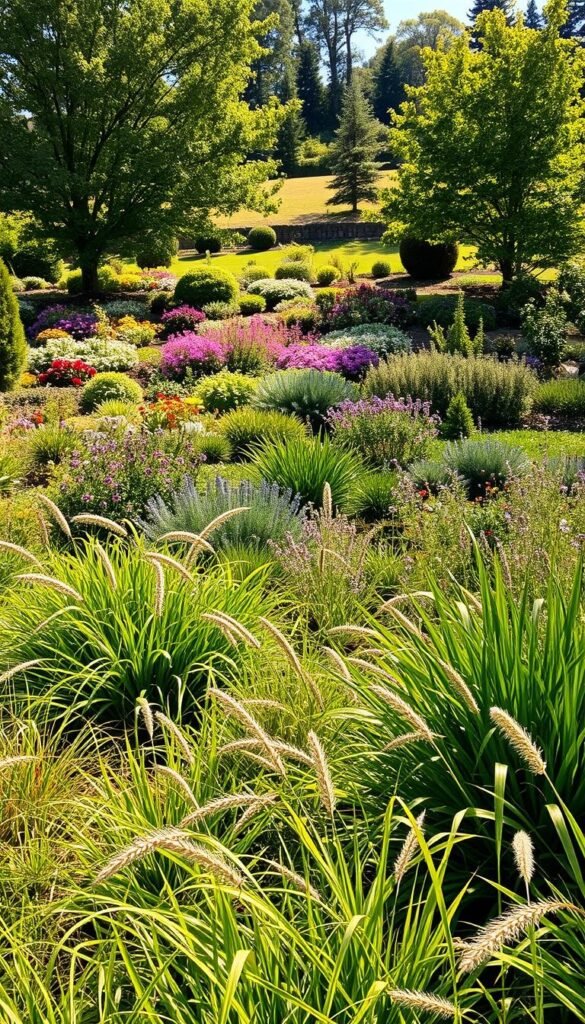 A lush, verdant garden filled with diverse plant life, showcasing sustainable lawn alternatives. In the foreground, a tapestry of low-growing groundcovers and ornamental grasses sway gently in the warm afternoon sunlight. The middle ground features an array of flowering perennials and herbaceous shrubs, creating a vibrant and colorful display. In the background, a gently sloping terrain is dotted with strategically placed native trees, providing dappled shade and a sense of depth. The overall composition conveys a serene, naturalistic atmosphere, inviting exploration and appreciation for the beauty of eco-friendly landscaping. Captured with a wide-angle lens, the image emphasizes the harmony between the various elements, encouraging a reconsideration of the traditional lawn.