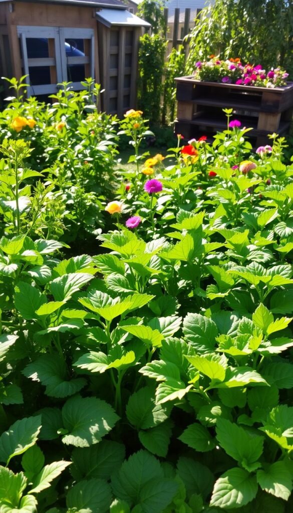 A lush, verdant garden filled with thriving plants and vibrant flowers. In the foreground, a variety of leafy vegetables and herbs flourish, their leaves glistening under the warm, natural lighting. In the middle ground, colorful blooms sway gently in a light breeze, their petals catching the sun's rays. In the background, a compost bin and a raised garden bed showcase sustainable gardening practices, with repurposed materials like wooden pallets and old tires. The overall scene radiates a sense of harmony, productivity, and the benefits of eco-friendly, budget-conscious gardening.