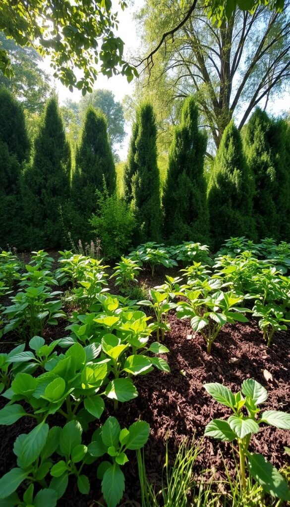 A lush, verdant garden nestled behind a sturdy windbreak. In the foreground, a well-mulched bed of thriving plants, their leaves gently swaying in the soft breeze. The windbreak, a harmonious arrangement of strategically placed trees and shrubs, stands tall and proud, shielding the garden from the harsh winds. Dappled sunlight filters through the foliage, casting a warm, natural glow over the scene. The overall impression is one of tranquility and careful cultivation, a serene oasis where plants thrive in a protected microclimate. The image is captured with a wide-angle lens, emphasizing the depth and balance of the composition.