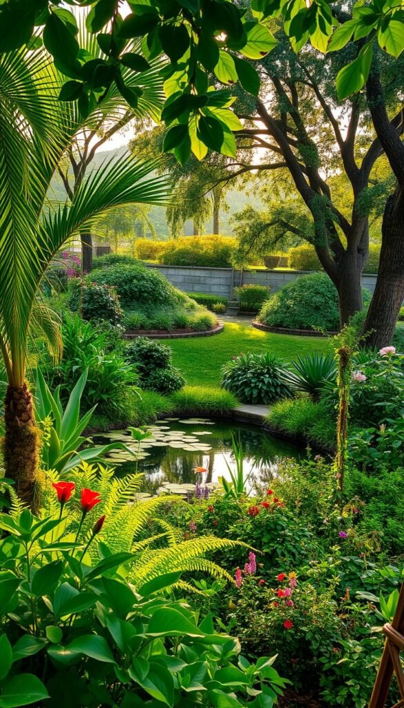 A lush, verdant garden oasis with a serene, natural ambiance. In the foreground, a diverse array of thriving plants and flowers create a vibrant tapestry, including towering palms, cascading vines, and a flourishing vegetable patch. The middle ground features a tranquil pond, its surface reflecting the surrounding greenery and a few graceful koi fish swimming lazily. In the background, a gently sloping hill is dotted with mature trees, their branches providing dappled shade and a sense of enclosure. The lighting is soft and warm, with the sun's rays filtering through the foliage, casting a golden glow across the scene. The overall atmosphere is one of harmony, sustainability, and a deep connection to the natural world.