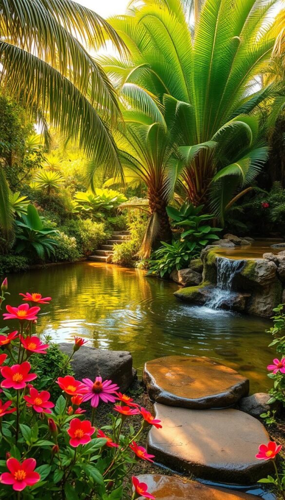 A lush, verdant garden oasis with a serene, shimmering pond. Towering palms and lush ferns create a canopy overhead, filtering warm, golden sunlight. In the foreground, vibrant blooms in shades of red, purple, and yellow dot the landscape, their petals gently swaying in a soft breeze. Stepping stones lead to the pond's edge, where a delicate waterfall cascades over smooth, moss-covered rocks. The water's surface reflects the surrounding greenery, creating a sense of tranquility and natural harmony. An atmospheric, wide-angle lens captures this peaceful, rejuvenating scene, inviting the viewer to step into this personal outdoor sanctuary.