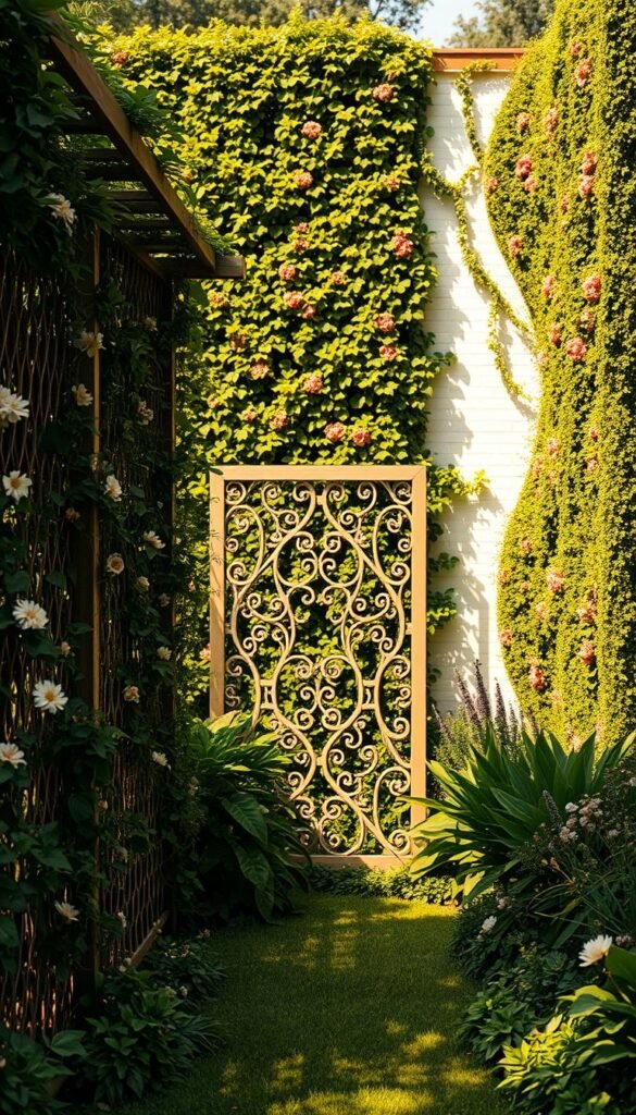 A lush, verdant garden oasis with artfully crafted screens that gracefully obscure unsightly views. In the foreground, intricate trellis structures entwined with climbing vines and blooming flowers create a visually captivating barrier. The middle ground features a delicate latticework screen, its geometric patterns casting intricate shadows on the ground below. In the background, a towering living wall of cascading greenery and vibrant florals forms a stunning natural backdrop. Warm, diffused lighting casts a golden glow, accentuating the organic textures and enchanting ambiance. The overall scene exudes a sense of tranquility, inviting the viewer to imagine themselves immersed in this secluded, harmonious garden sanctuary.