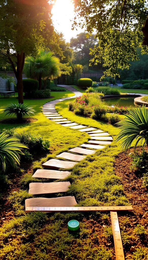 A lush, verdant garden path winding through a well-manicured landscape. The path is neatly outlined with carefully measured and evenly spaced stepping stones, creating a sense of order and balance. Sunlight filters through the canopy of trees, casting a warm, golden glow over the scene. In the foreground, a ruler or measuring tape lies on the ground, hinting at the precise planning and attention to detail that went into the path's construction. The middle ground features a variety of thriving plants and flowers, complementing the path's design. In the background, a tranquil pond or other water feature reflects the peaceful ambiance. The overall atmosphere conveys a sense of harmony and a well-defined, functional landscape.
